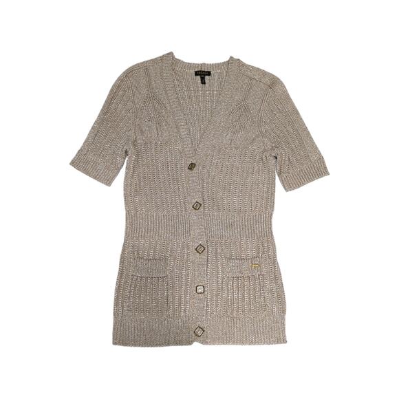 Escada Gold Knit Cardigan Sweater Short Sleeve Button Down Womens 38 Designer - Picture 1 of 7